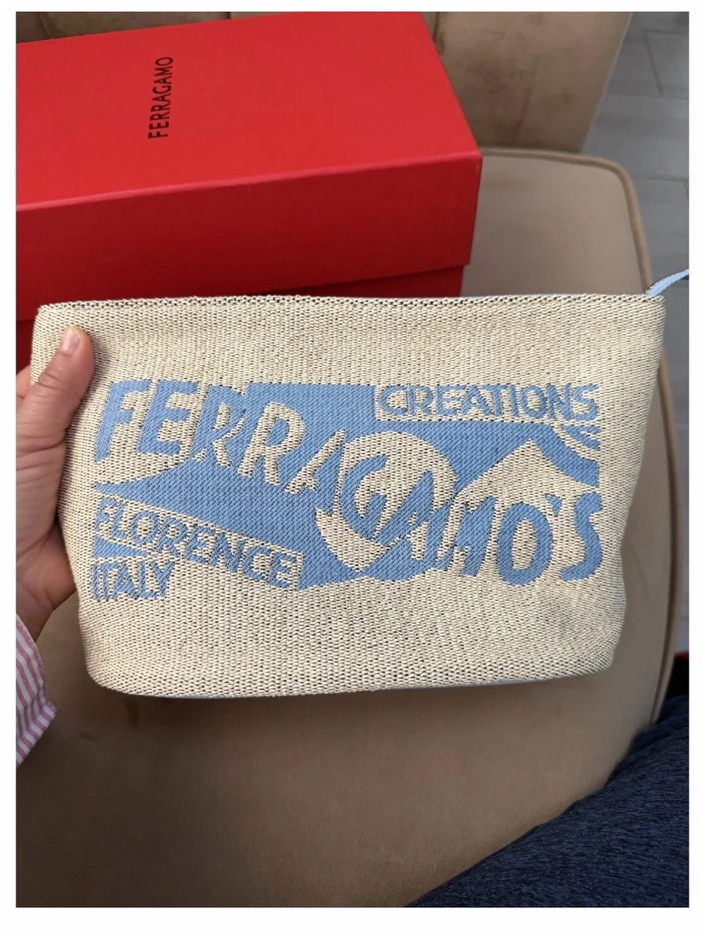 Salvatore Ferragamo Natural Canvas Pouch with Light Blue Logo
